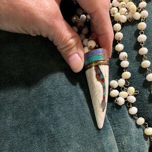 Bohemian Tibetan Conch Shell with turquoise and coral inlay necklace brass top